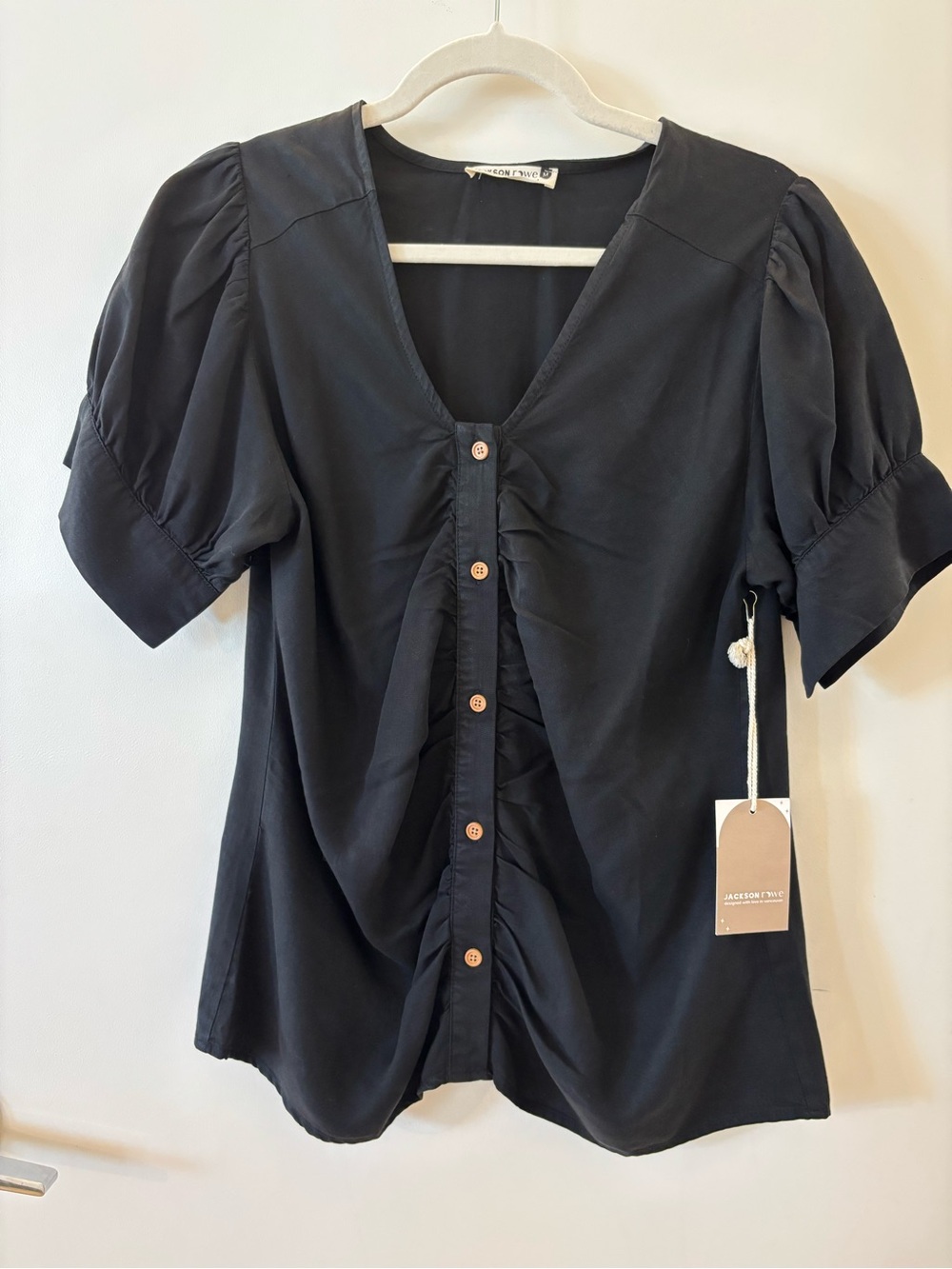 Jackson Rowe Black Ruched Puff Sleeve Blouse M